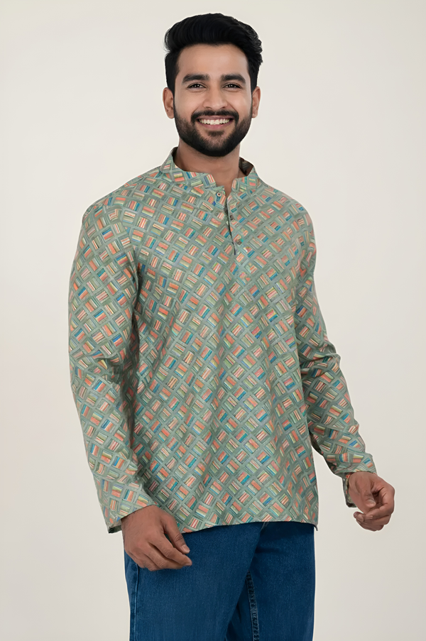 Men's Green Multicolor Printed Short Kurta | Cotton Fabric | Semi Formal & Casual Wear