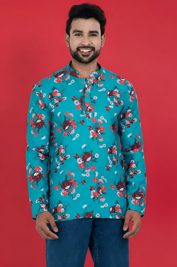 Men's Sea Blue Printed Short Kurta | Cotton Fabric | Semi Formal & Casual Wear