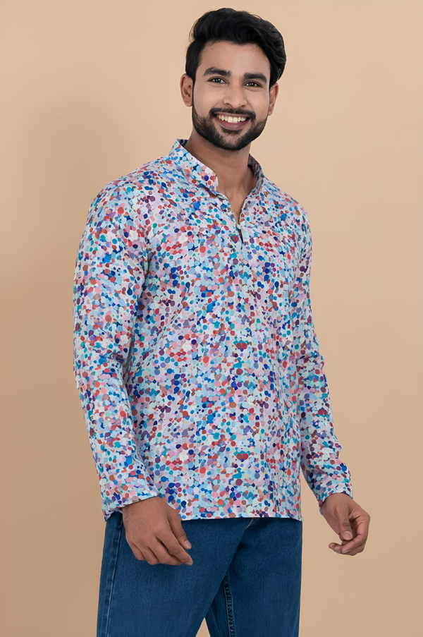 Men's Blue Multicolour Printed Short Kurta | Cotton Fabric | Semi Formal & Casual Wear
