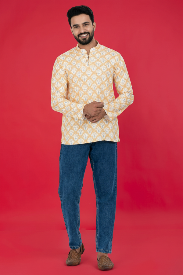 Men's Yellow Printed Short Kurta | Cotton Fabric | Semi Formal & Casual Wear