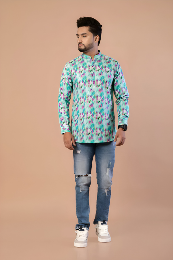 Men's Blue Printed Short Kurta | Cotton Fabric | Semi Formal & Casual Wear