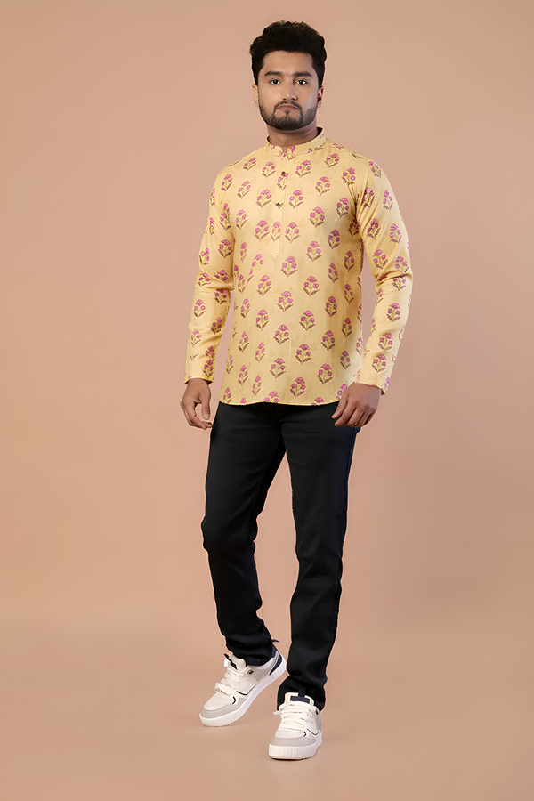 Men's Yellow Printed Short Kurta | Cotton Fabric | Semi Formal & Casual Wear