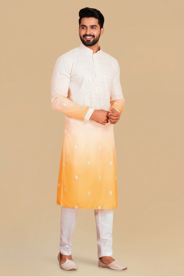 Men's Yellow & White Shaded Kurta Pajama Set | Cotton Fabric | Embroidered | Festive Wear