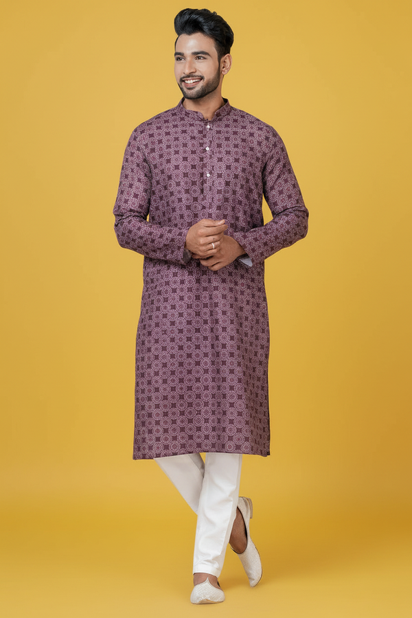 Men’s Purple Printed Kurta | Cotton Fabric | Ethnic & Casual Wear