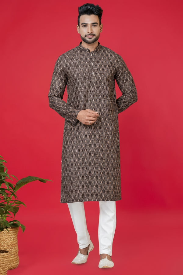 Men’s Black & Golden Printed Kurta | Cotton Fabric | Ethnic & Casual Wear