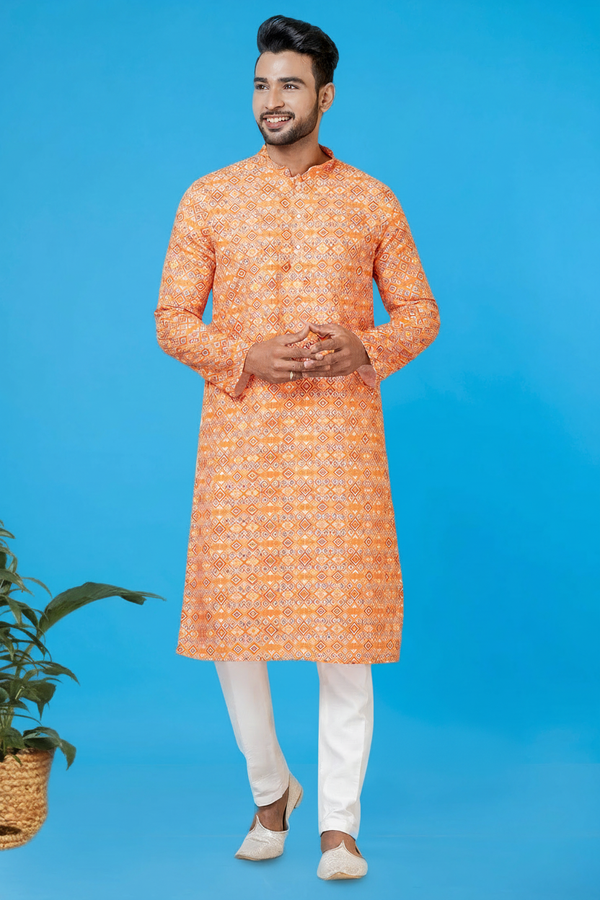 Men’s Orange Printed Kurta | Cotton Fabric | Ethnic & Casual Wear