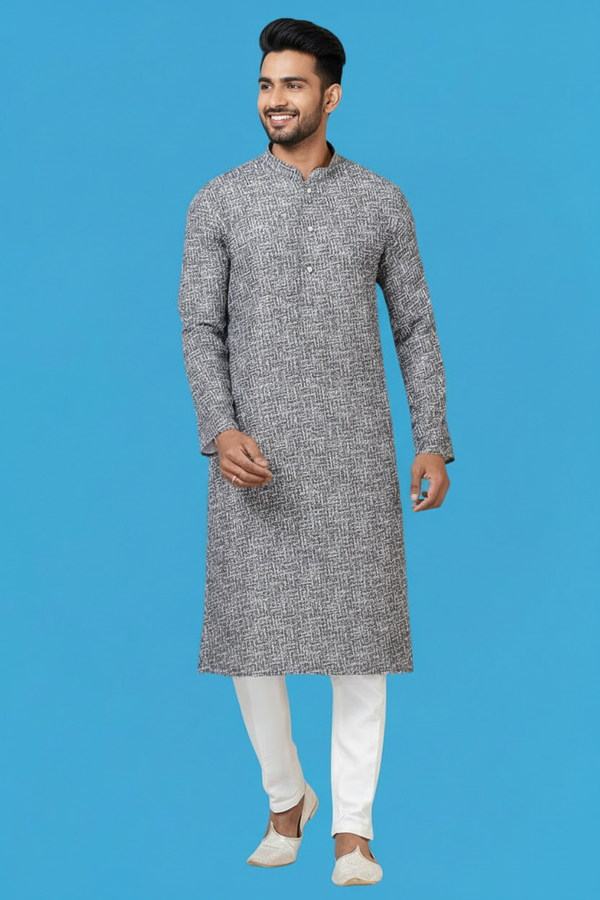 Men’s Black & White Printed Kurta | Cotton Fabric | Ethnic & Casual Wear