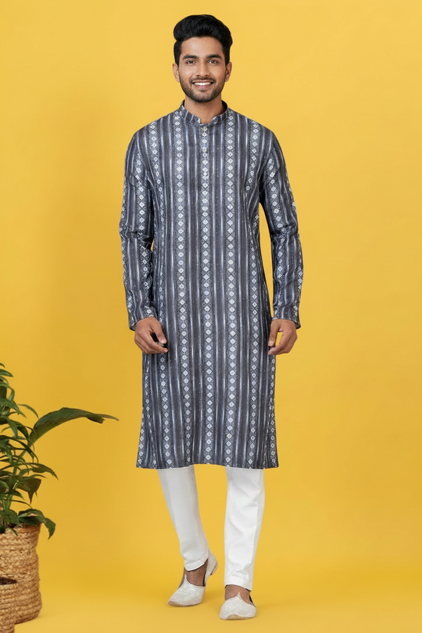 Men’s Black & White Printed Kurta | Cotton Fabric | Ethnic & Casual Wear