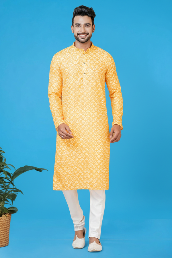 Men’s Yellow Printed Kurta | Cotton Fabric | Ethnic & Casual Wear