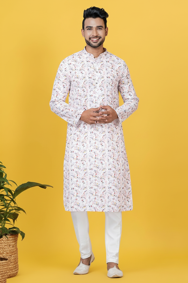 Men’s White Printed Kurta | Cotton Fabric | Ethnic & Casual Wear