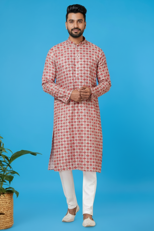 Men’s Red & White Printed Kurta | Cotton Fabric | Ethnic & Casual Wear