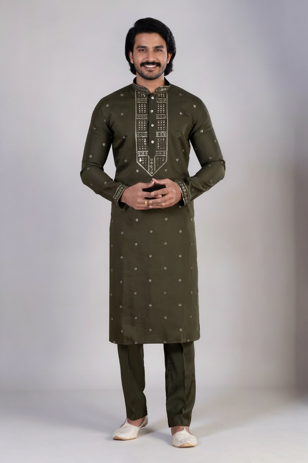 Men's Olive Green Kurta Pajama Set | Cotton Fabric | Festive Wear