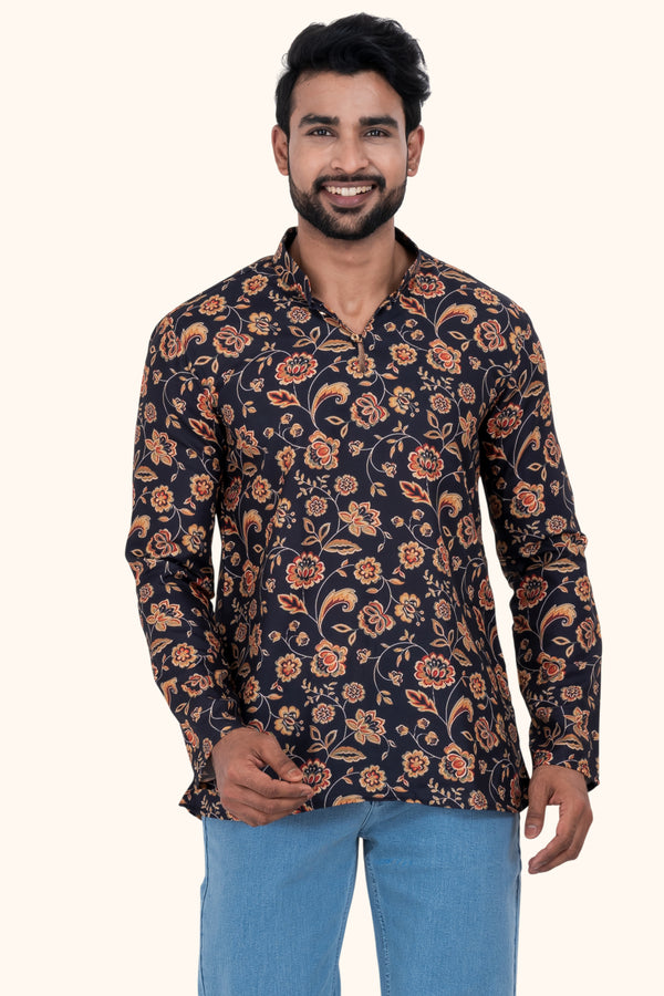 Men's Black Printed Short Kurta | Cotton Fabric | Semi Formal & Casual Wear