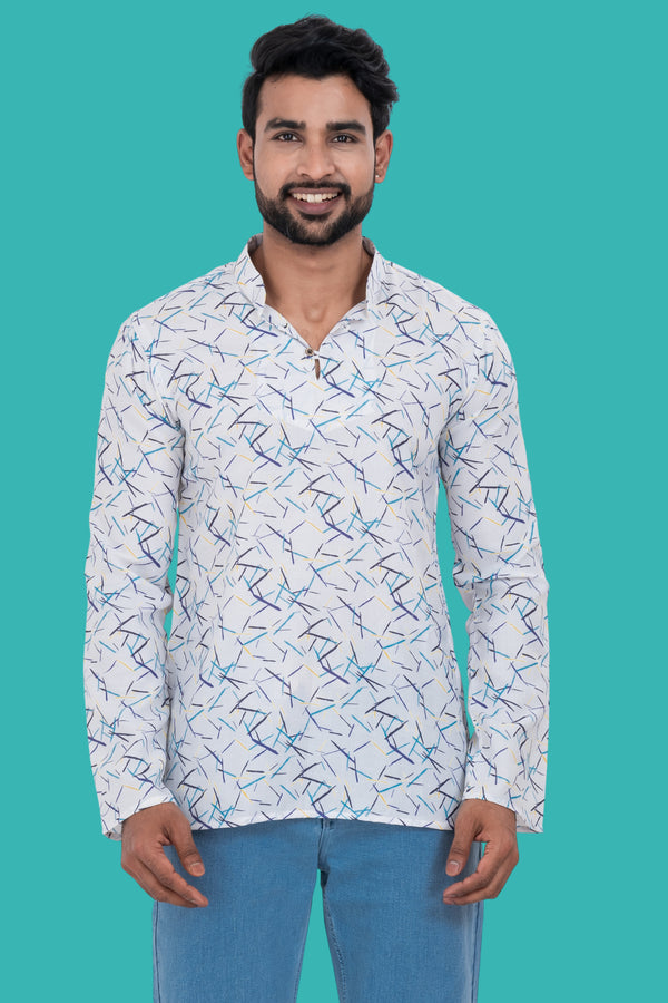 Men's White Printed Short Kurta | Cotton Fabric | Semi Formal & Casual Wear