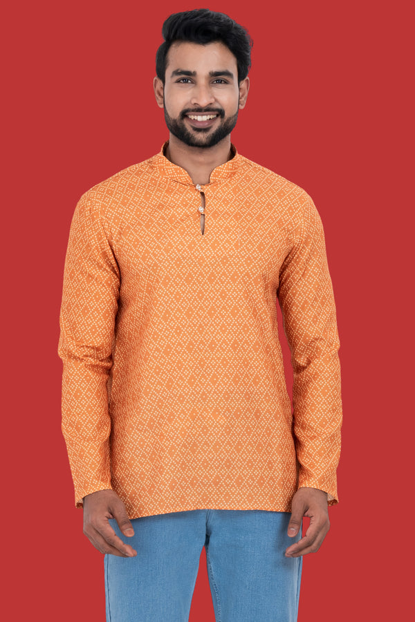 Men's Orange & White Dotted Short Kurta | Cotton Fabric | Semi Formal & Casual Wear