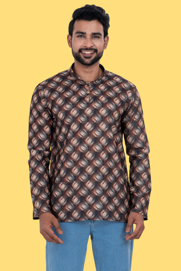 Men's Black Printed Short Kurta | Cotton Fabric | Semi Formal & Casual Wear
