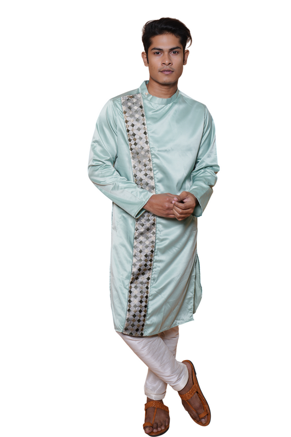 Men's Light Blue Kurta | Satin-Silk Fabric | Embroidered Detailing | Occasion Wear