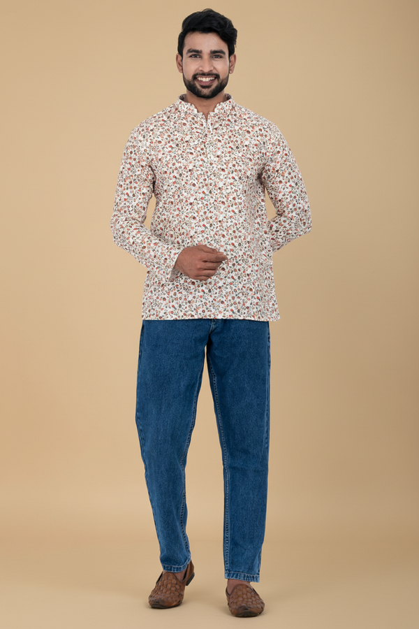 Men's White Printed Short Kurta | Cotton Fabric | Semi Formal & Casual Wear