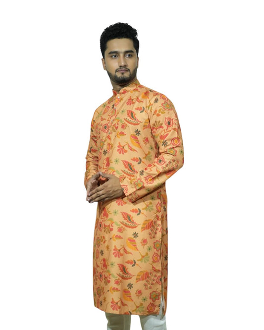 Fabriq by FFACE Floral Print Cotton Kurta, Peach Colour