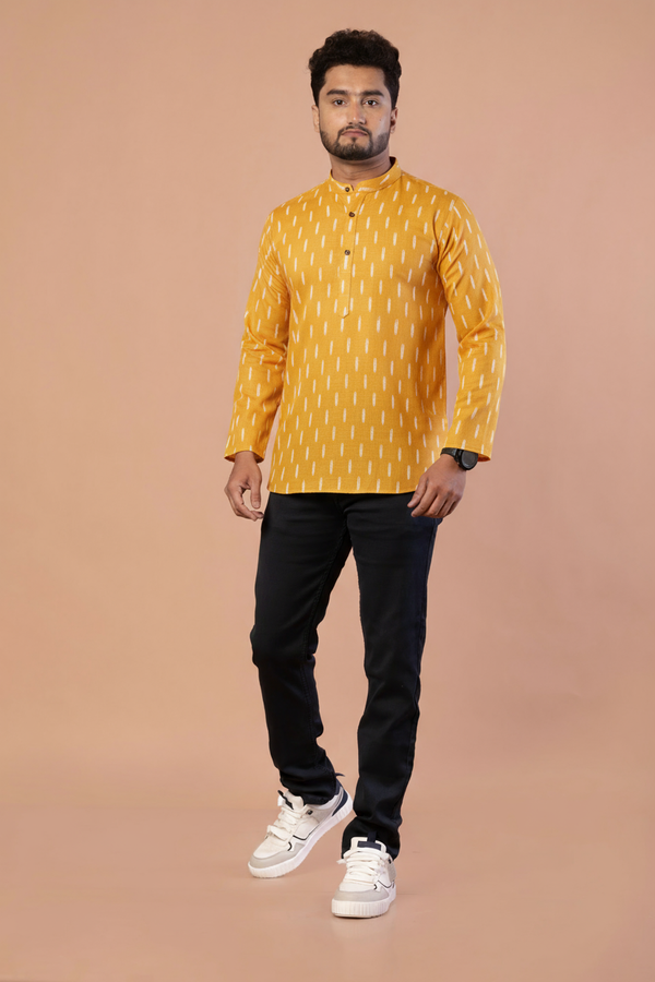 Men's Yellow Printed Short Kurta | Cotton Fabric | Semi Formal & Casual Wear