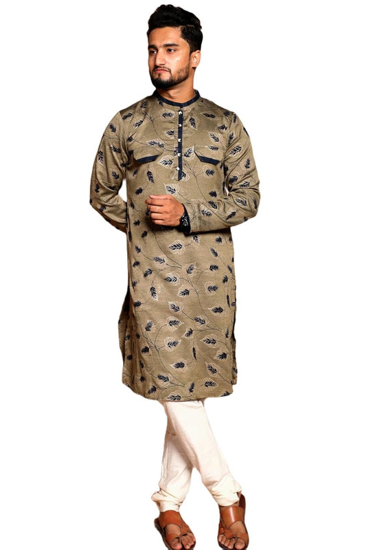 Fabriq by FFACE Men's Kurta with Feather Motif, Beige, 100% Cotton