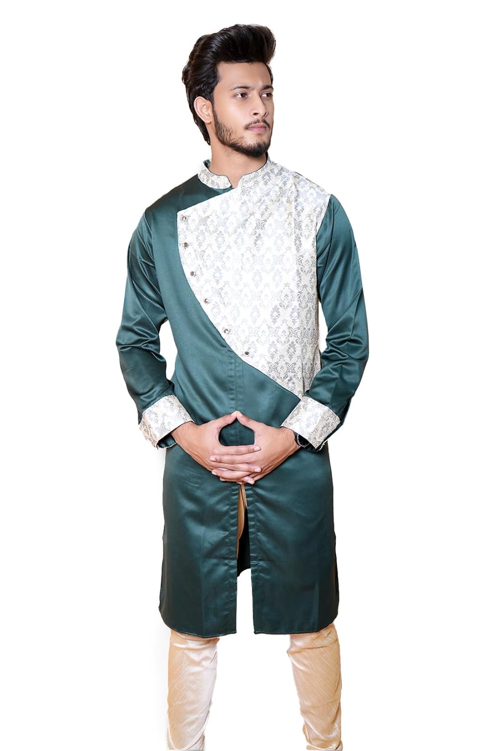 Fabriq by FFACE Men's Ethnic Kurta, Green and White, Silk