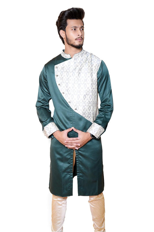 Fabriq by FFACE Men's Ethnic Kurta, Green and White, Silk