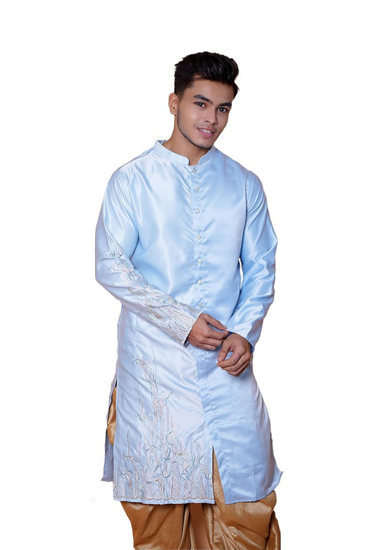 Fabriq by FFACE Men's Traditional Kurta, Embroidered, Light Blue, Satin-Silk