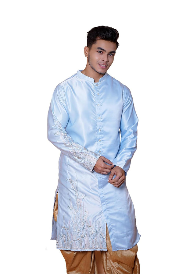 Men's Light Blue Sherwani | Premium Satin-Silk Fabric | Embroidered | Occasion and Wedding Wear