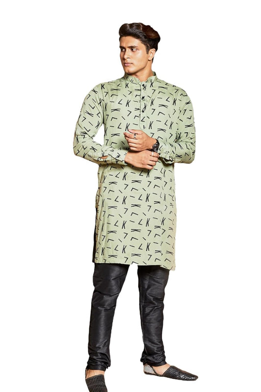 Fabriq by FFACE Men's Printed Cotton Kurta, Green with Black Motifs, Long Sleeves, Knee-Length