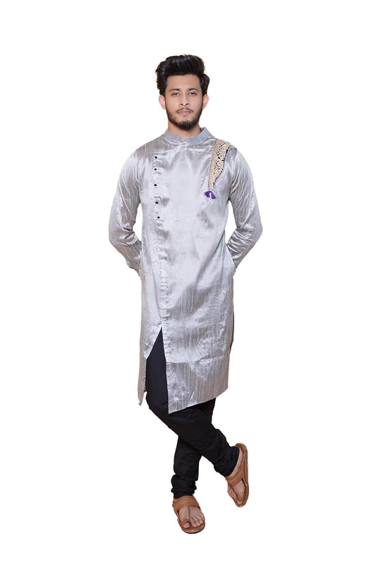 Fabriq by FFACE Ethnic Indian Kurta, Embroidered Neckline, Cotton Silk, Silver Grey