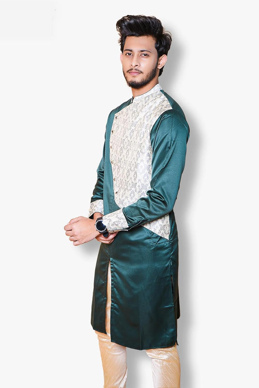Fabriq by FFACE Men's Ethnic Kurta, Green and White, Silk
