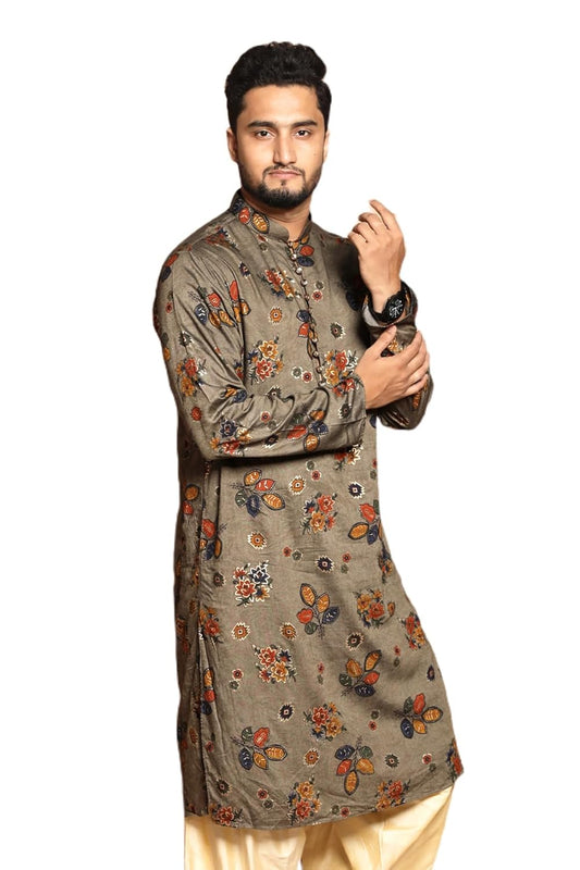 Fabriq by FFACE Floral Print Kurta, Moss green with Orange and Navy Floral Motifs, 100% Cotton