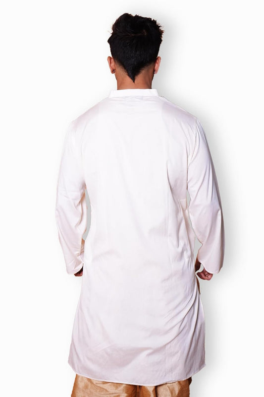 Traditional Indian Kurta, White Cotton Fabric, Embroidered Neckline