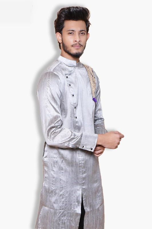 Fabriq by FFACE Ethnic Indian Kurta, Embroidered Neckline, Cotton Silk, Silver Grey