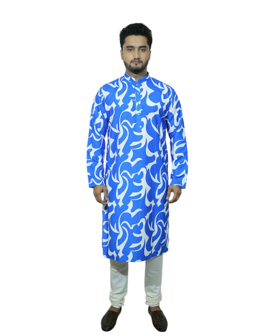 Fabriq by FFACE Stylish Blue and White Printed Men's Kurta, 100% Cotton, Knee-Length