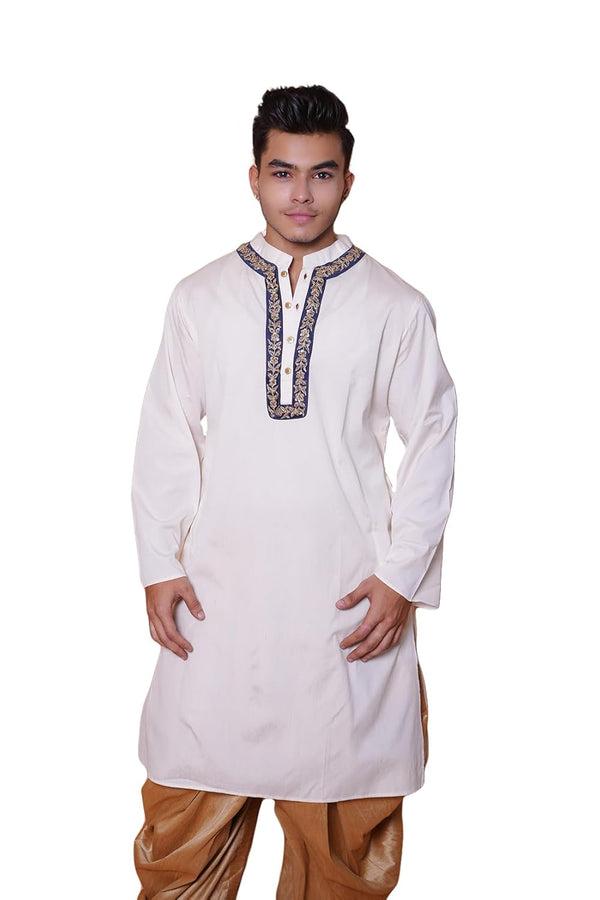 Men's Solid White Kurta | Embroidered Neckline | Cotton Fabric | Festive & Semi Casual Wear