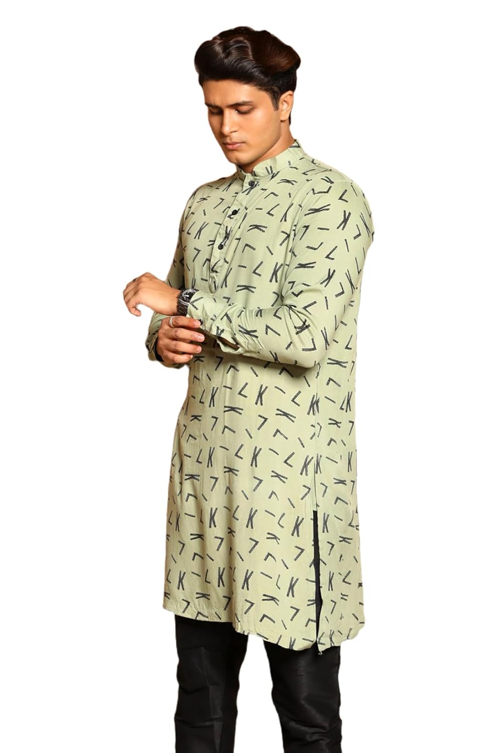 Fabriq by FFACE Men's Printed Cotton Kurta, Green with Black Motifs, Long Sleeves, Knee-Length