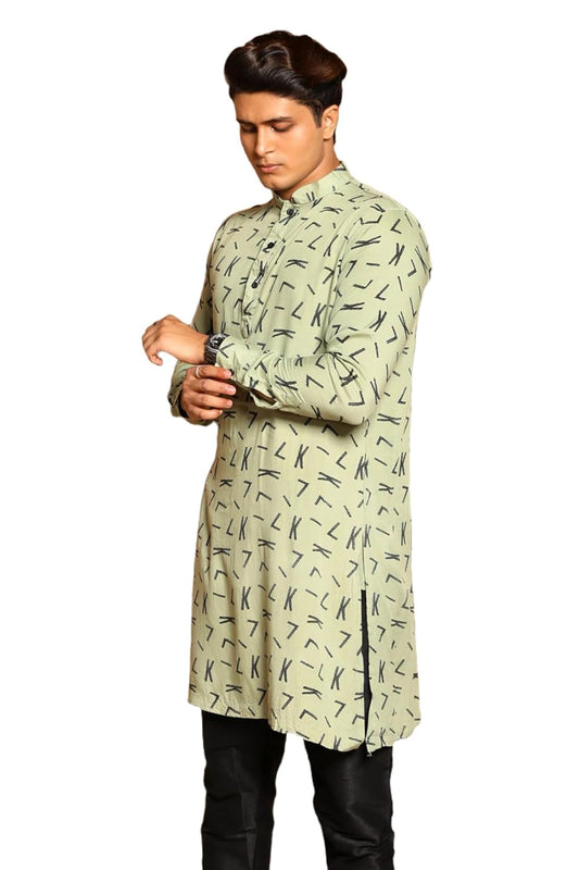 Fabriq by FFACE Men's Printed Cotton Kurta, Green with Black Motifs, Long Sleeves, Knee-Length