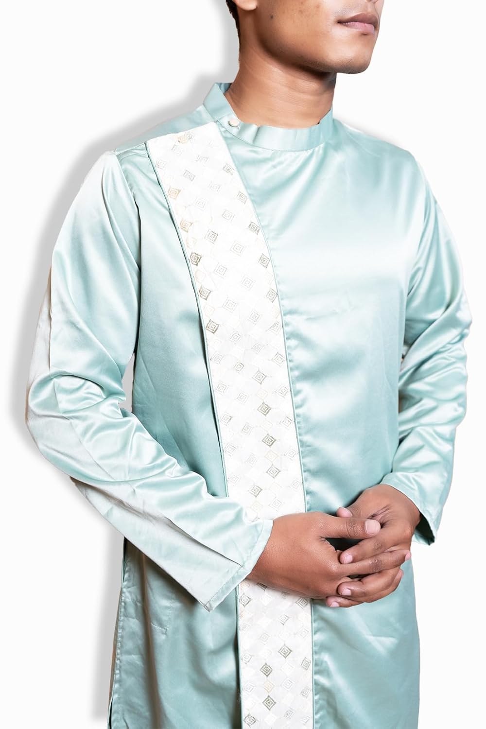Fabriq by FFACE Traditional Indian Kurta, Light Blue Satin-Silk, Embroidered Detailing