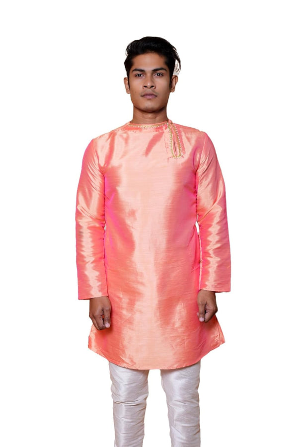 Men's Peach Pink Short Kurta | Silk Fabric | Festive & Wedding Wear