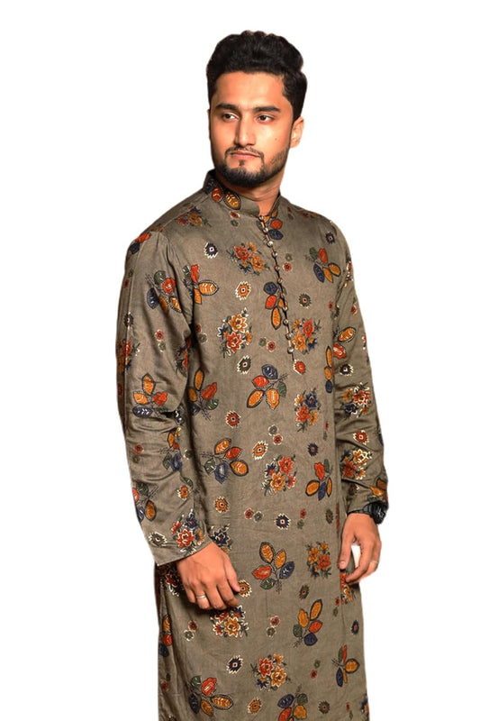 Fabriq by FFACE Floral Print Kurta, Moss green with Orange and Navy Floral Motifs, 100% Cotton