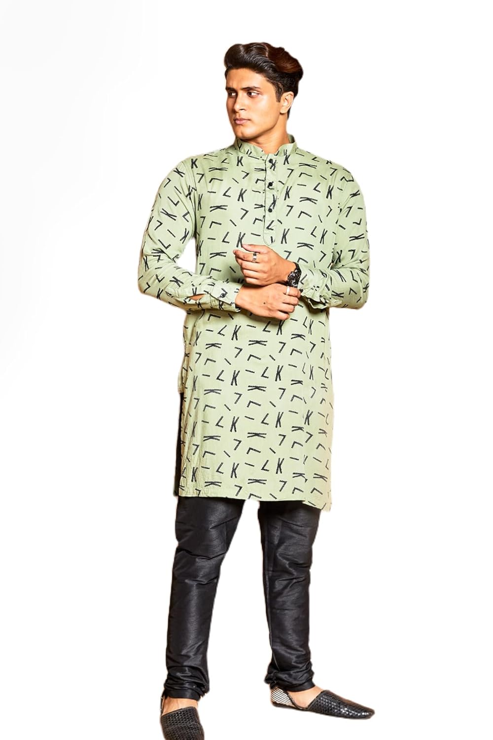 Fabriq by FFACE Men's Printed Cotton Kurta, Green with Black Motifs, Long Sleeves, Knee-Length
