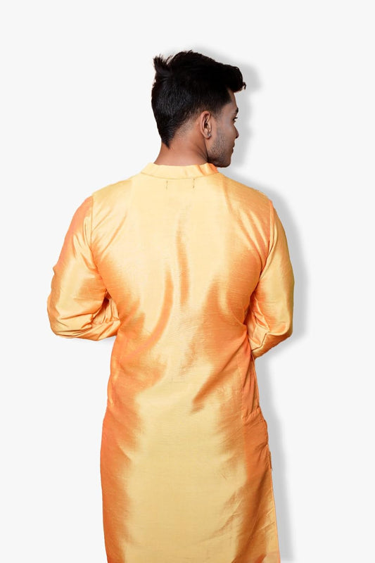 Men's Traditional Indian Kurta, Orange and Brown/Black Colour, Silk Fabric