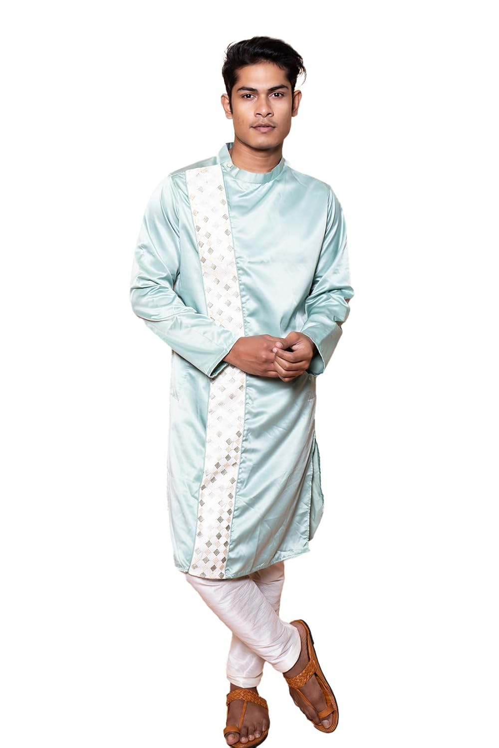 Fabriq by FFACE Traditional Indian Kurta, Light Blue Satin-Silk, Embroidered Detailing
