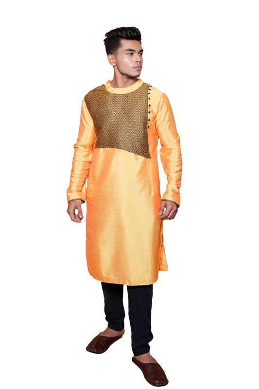Men's Traditional Indian Kurta, Orange and Brown/Black Colour, Silk Fabric