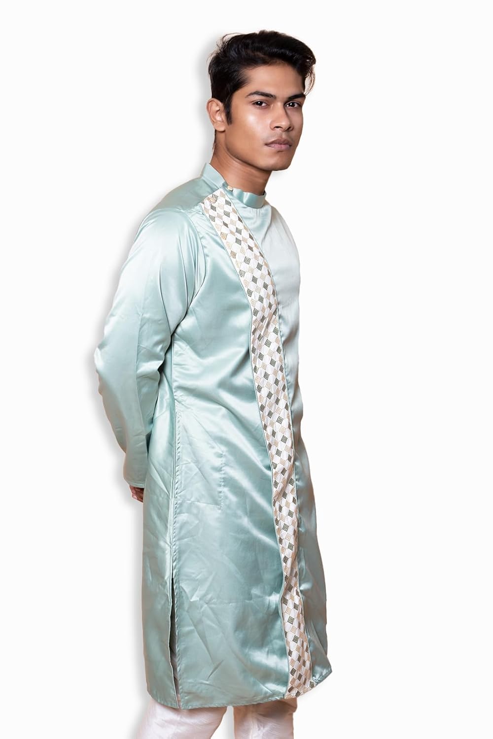 Fabriq by FFACE Traditional Indian Kurta, Light Blue Satin-Silk, Embroidered Detailing