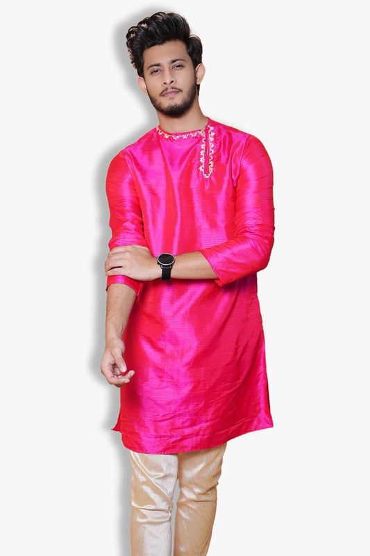 Fabriq by FFACE Men's Kurta, Magenta Pink, Knee-Length, Silk