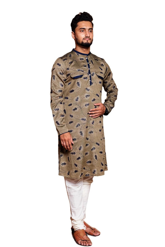 Fabriq by FFACE Men's Kurta with Feather Motif, Beige, 100% Cotton