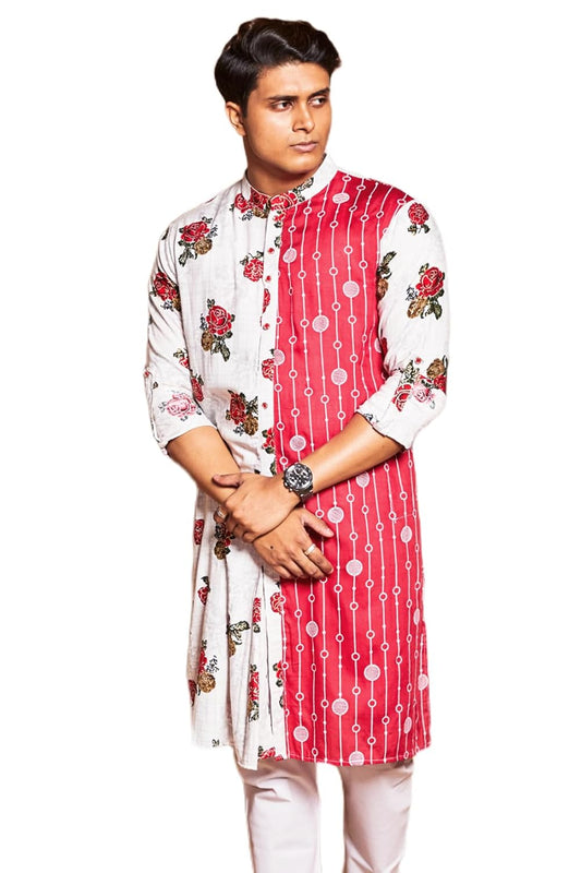 Fabriq by FFACE Floral Print Kurta, Red and White, 100% Cotton,